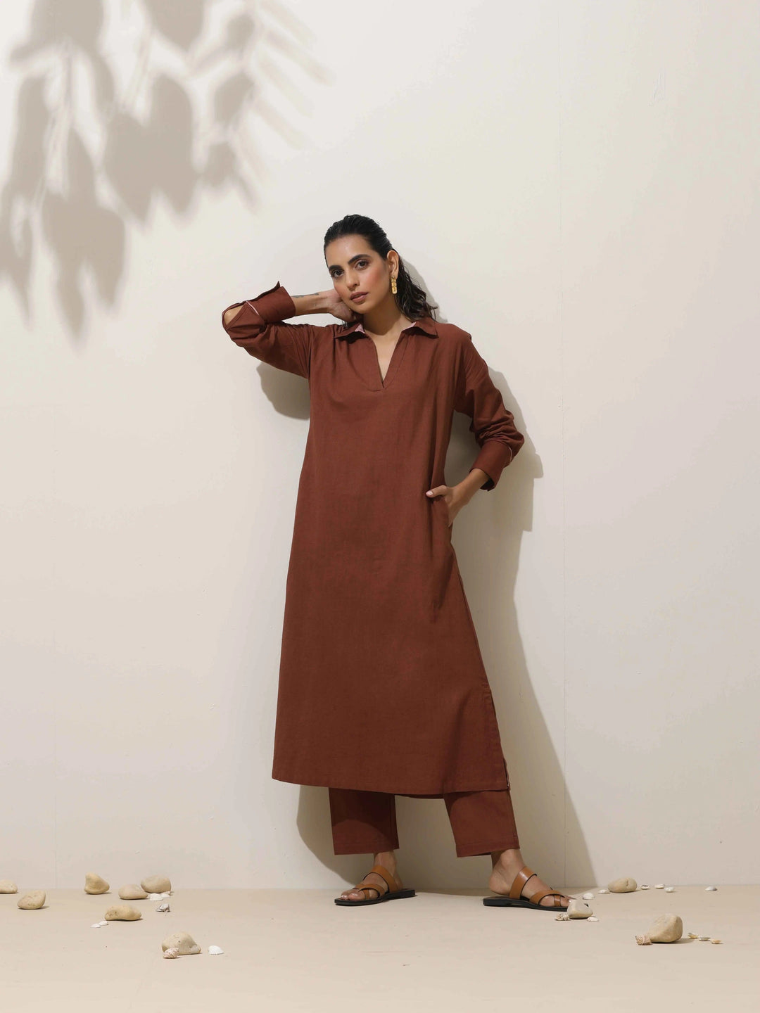 Brown Cotton Linen Kurta Pant Set | SHOBITAM