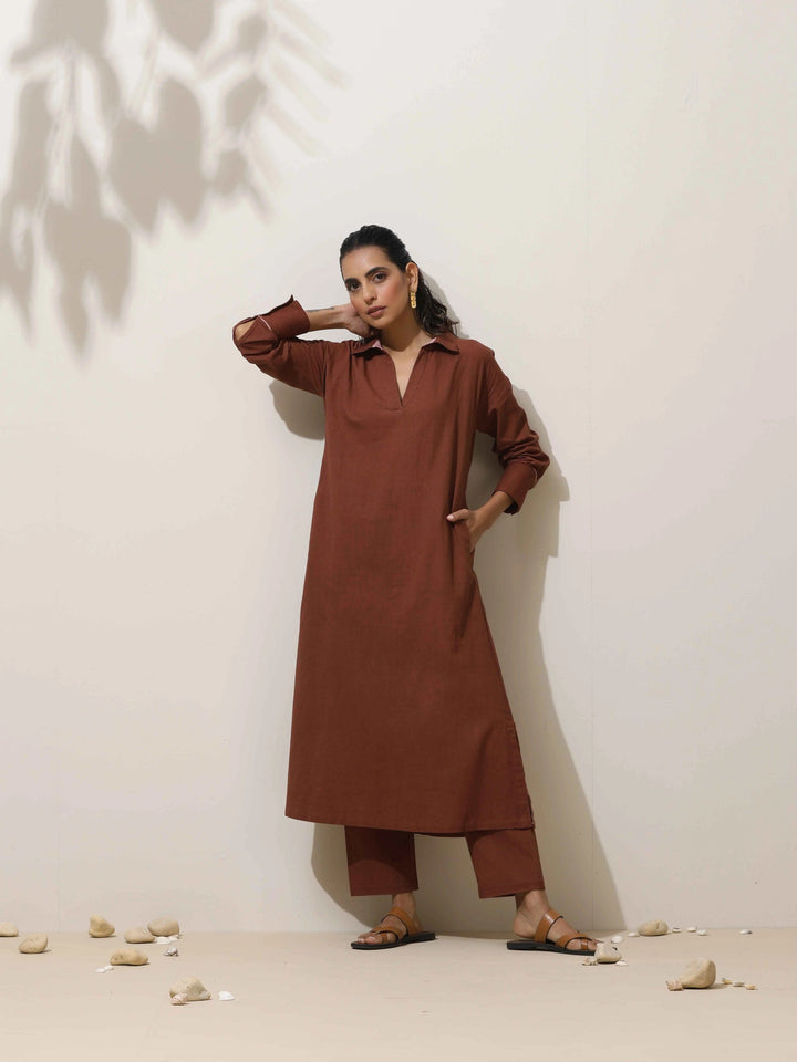 Brown Cotton Linen Kurta Pant Set | SHOBITAM