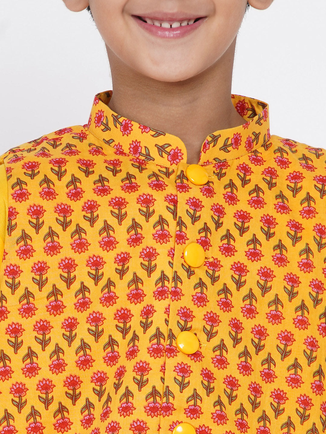 Boys Floral Jacket with Kurta and Dhoti in Yellow  | SHOBITAM