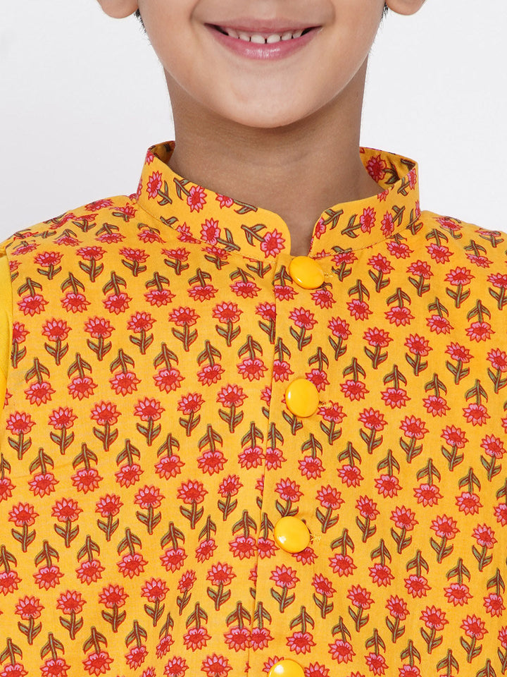 Boys Floral Jacket with Kurta and Dhoti in Yellow  | SHOBITAM