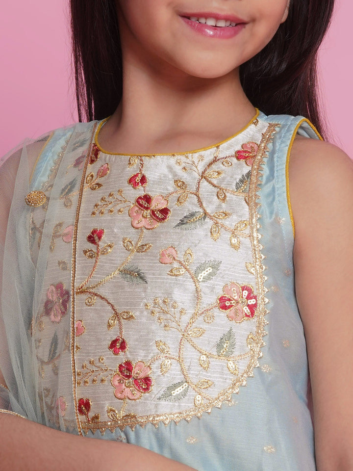Chanderi Silk Floral Kurta with Dhoti Salwar & Dupatta - Dolphin Blue | SHOBITAM