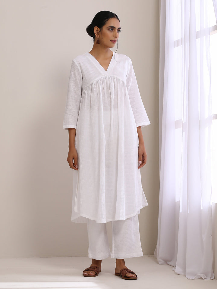 White Dobby Flared Slit Kurta Pant Set  | SHOBITAM