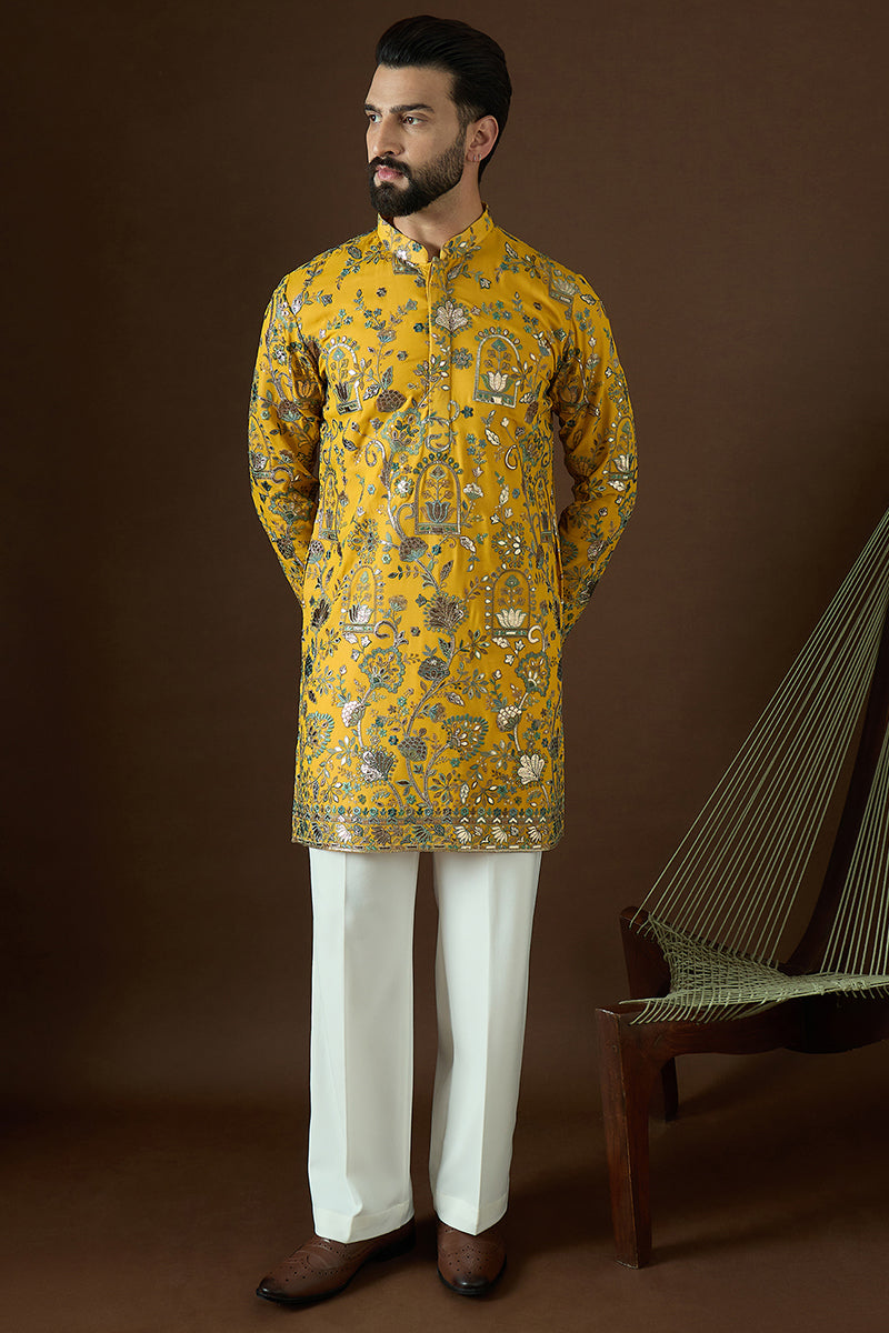 Yellow Georgette Solid Embroidered Straight Kurta Sets | SHOBITAM