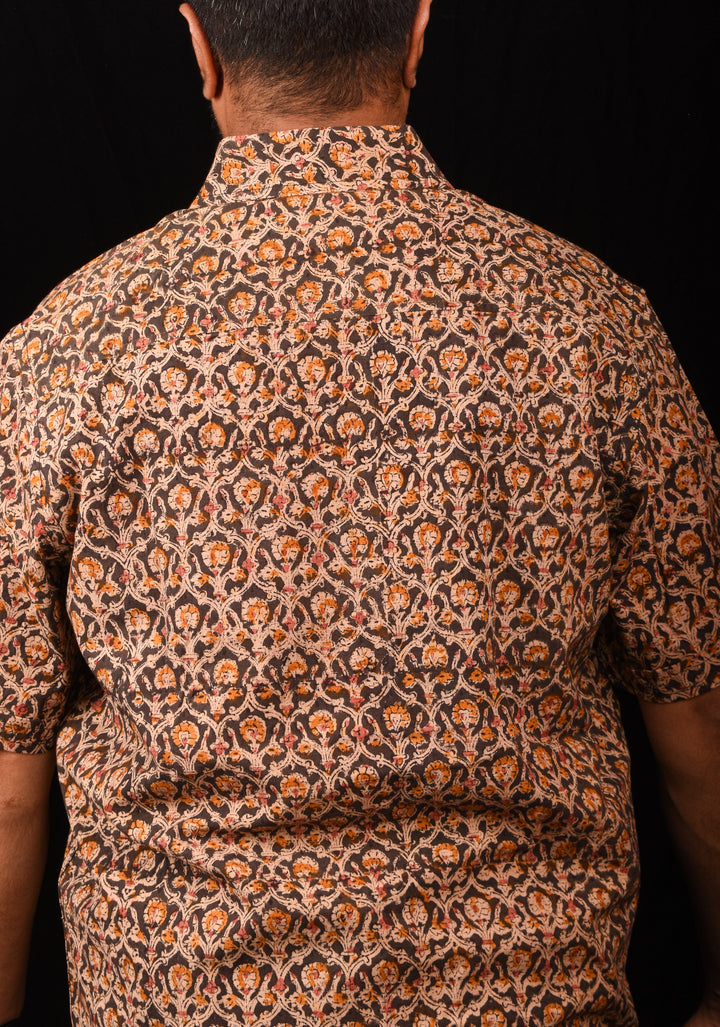 Brown Black Kalamkari Handblock Printed Cotton Mens Shirt Taal