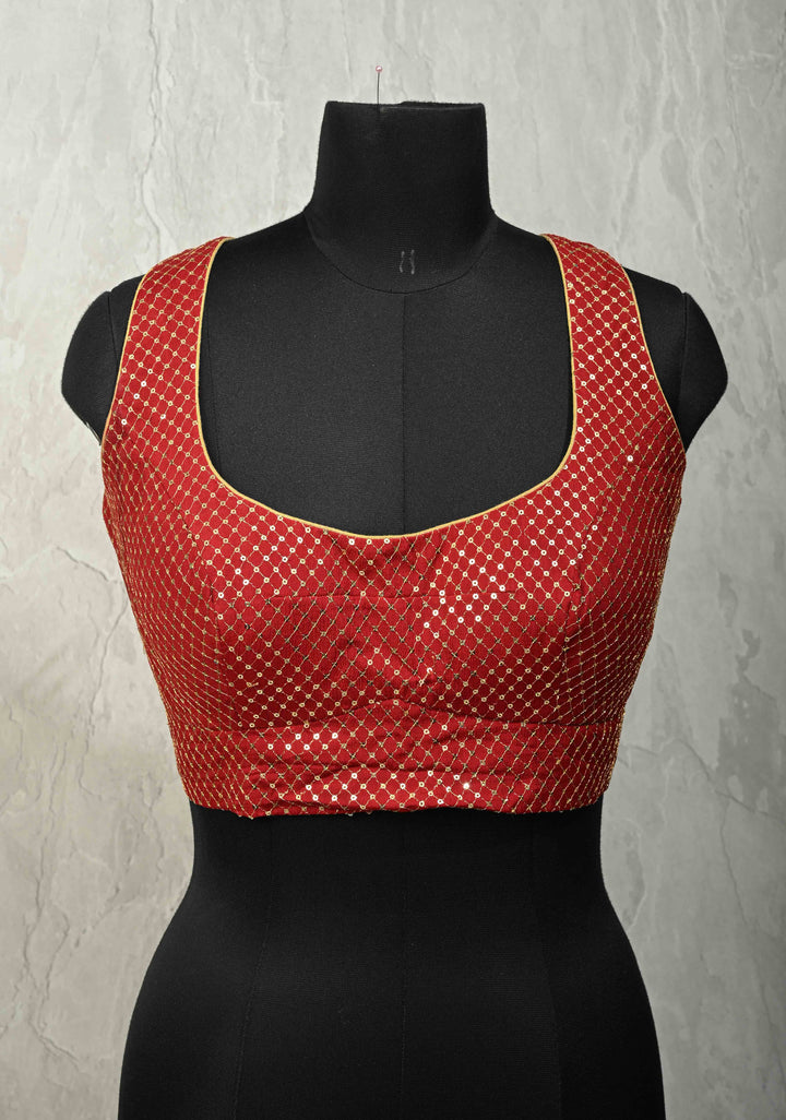 SIZE 40" Blood Red Deep U Neckline Blouse with Grid Sequins Detailing  Sleeveless Pattern