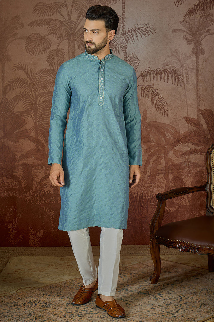 Mens Teal Jacquard Solid Embroidered Kurta | SHOBITAM