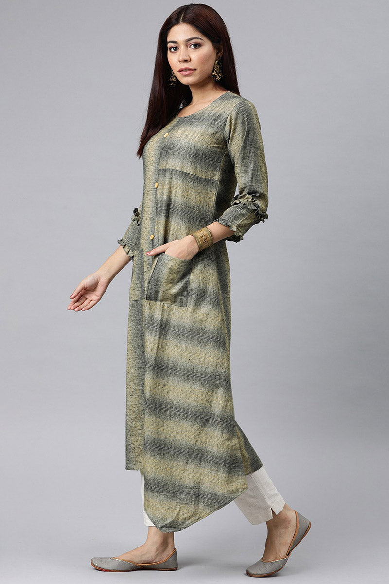 Grey And Beige Striped A Line Panelled Kurta with pockets  | SHOBITAM