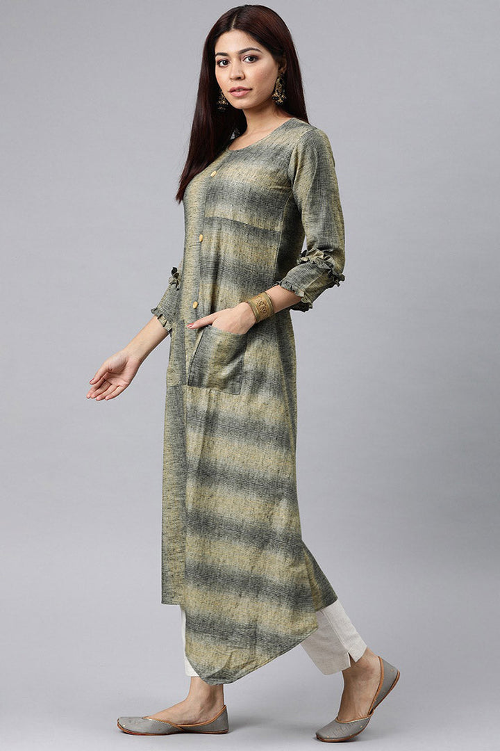 Grey And Beige Striped A Line Panelled Kurta with pockets  | SHOBITAM