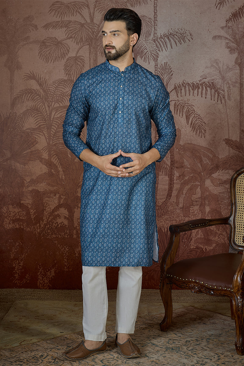 Mens Blue Linen Floral Print Regular Kurta | SHOBITAM