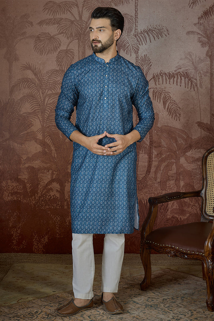 Mens Blue Linen Floral Print Regular Kurta | SHOBITAM