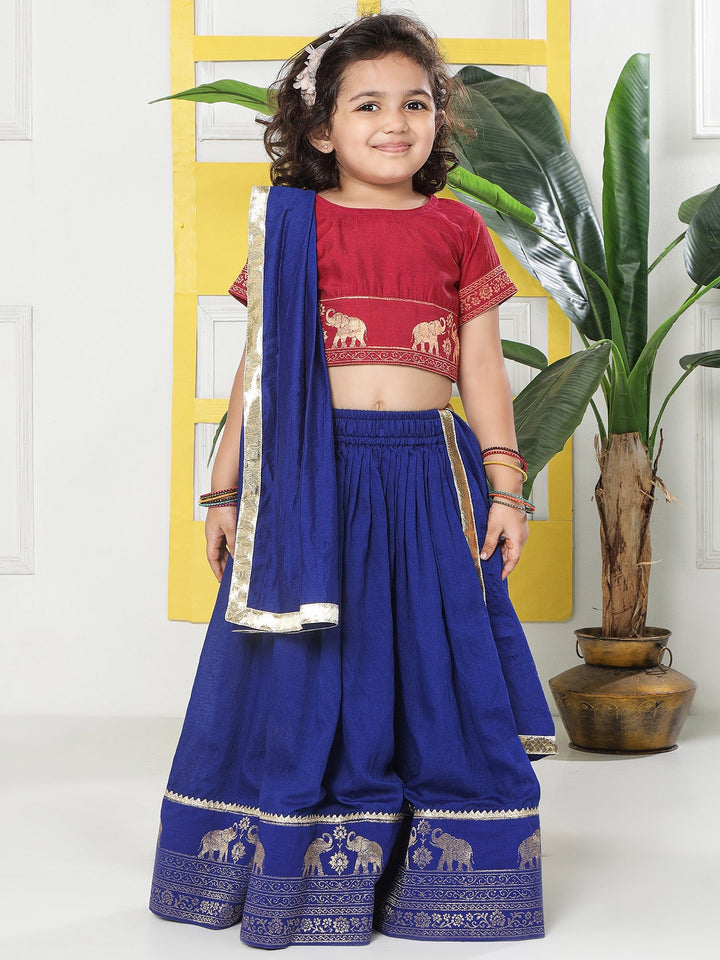 Blue Elephant Zari Embroidery Chanderi Cotton Lehenga with Stitched Red Blouse Set | SHOBITAM