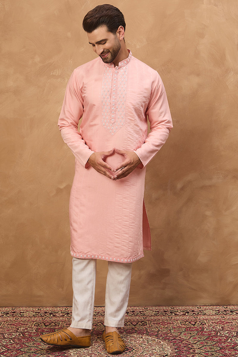 Peach Silk Blend Solid Solid Straight Kurta | SHOBITAM