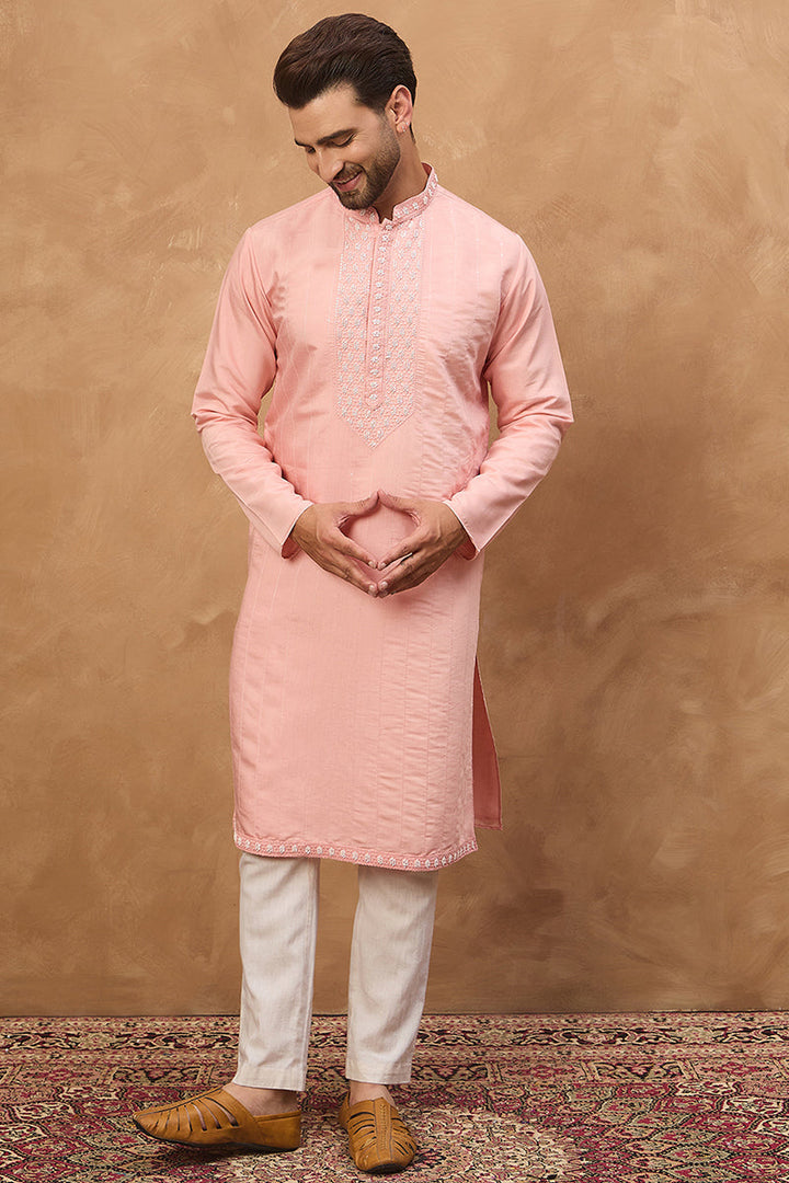 Peach Silk Blend Solid Solid Straight Kurta | SHOBITAM