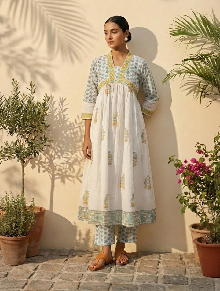 White Yellow Printed Anarkali Kurta Pant Dupatta Set | SHOBITAM