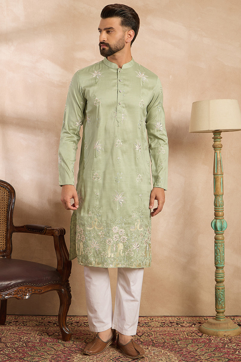 Olive Silk Blend Solid Embroidered Straight Kurta | SHOBITAM