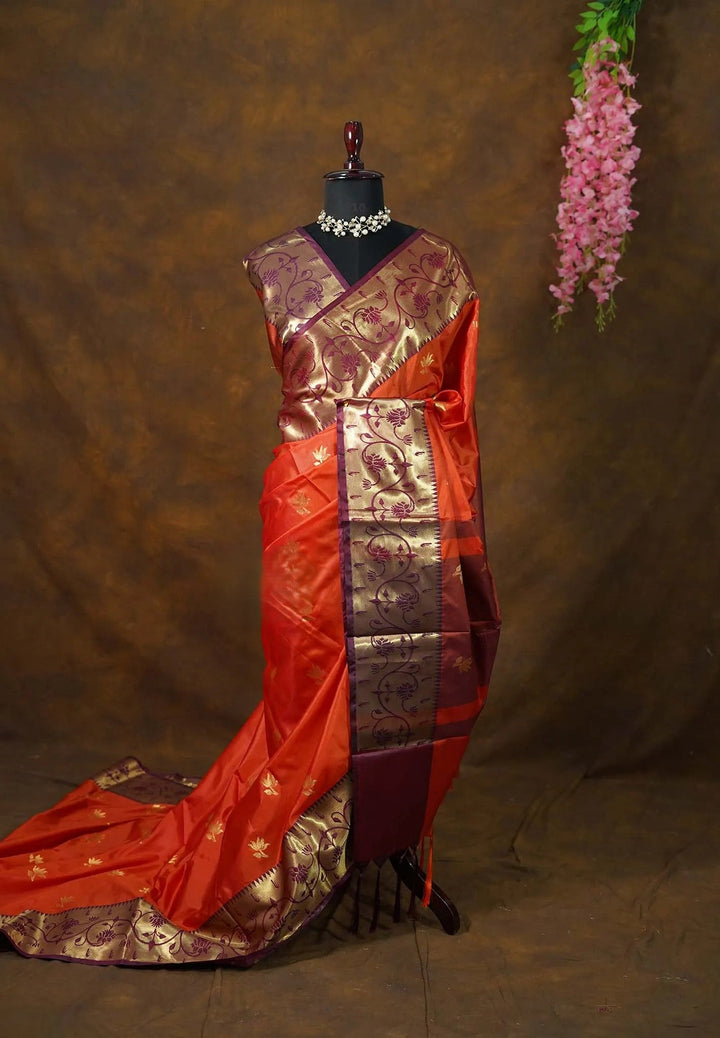 Sunset Orange Semi Silk Kanchi Saree with Paithani Style Borders