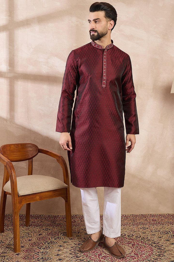 Maroon Silk Blend Solid Woven Design Straight Kurta With Trouser | SHOBITAM