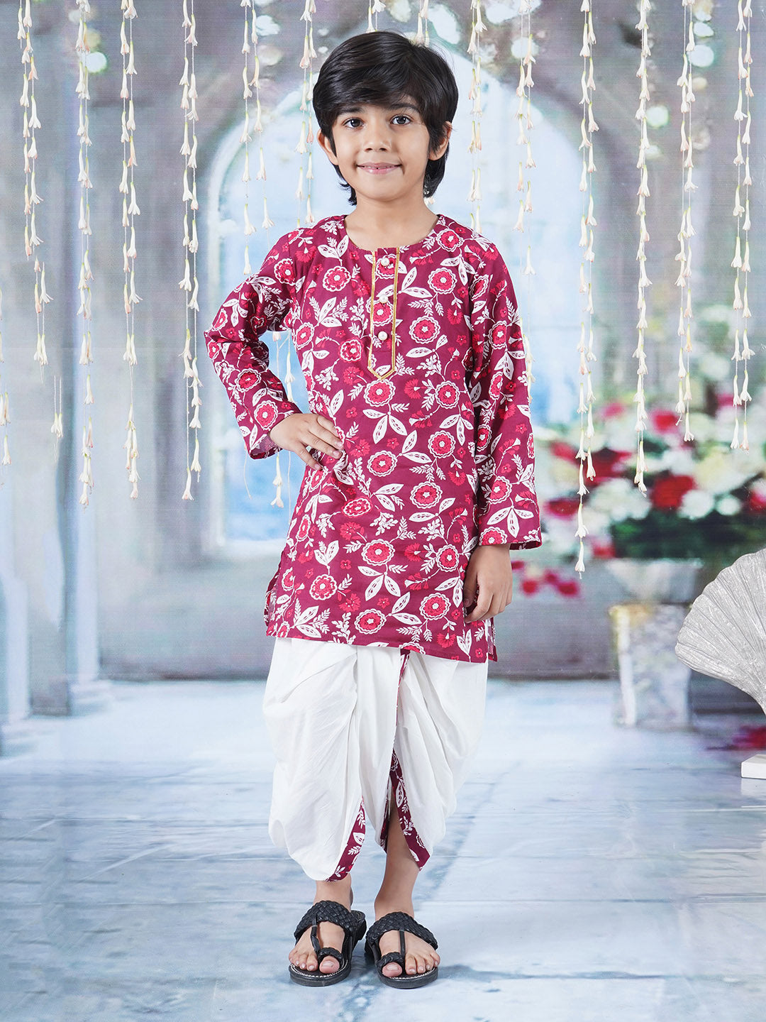 Boys Cotton Full Sleeves Kurta Dhoti with Floral Print and Pearl Buttons - Mahroon and Cream  | SHOBITAM