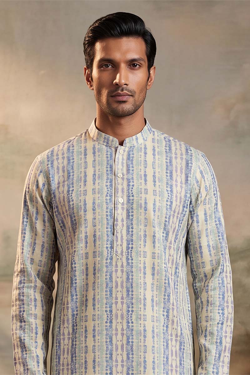 Mens Multi Silk Blend Abstract Printed Kurta With Trousers