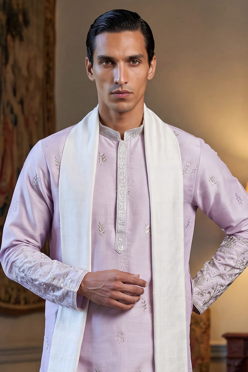 Men Lavender Silk Blend Floral Embroidered Straight Kurta Sets | SHOBITAM