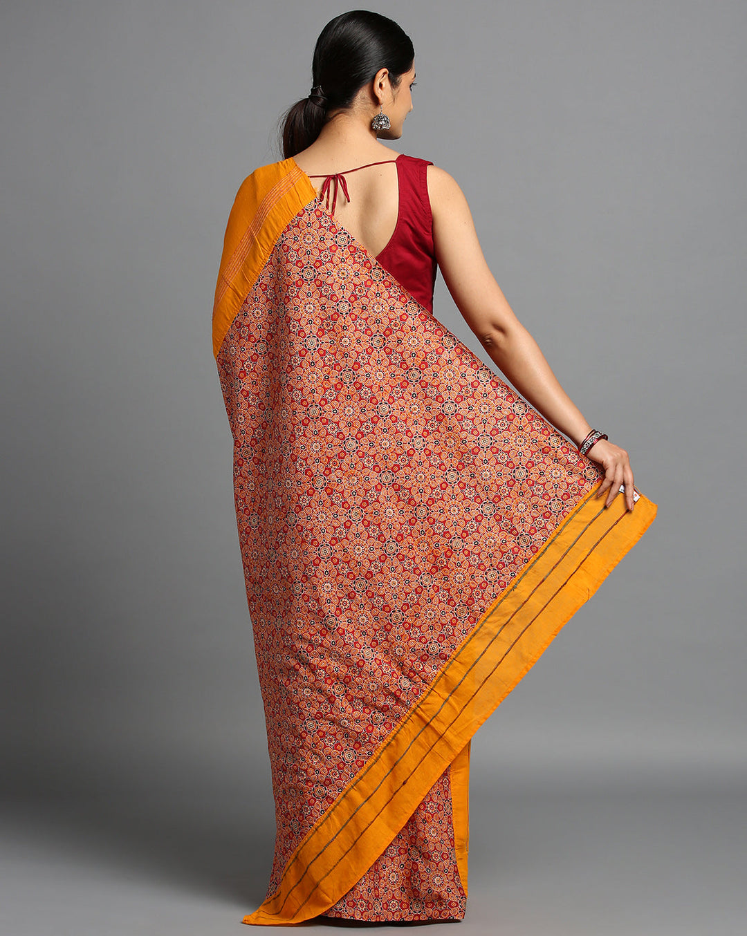 Yellow Red Ajrak Print Khesh Cotton Saree with Blouse piece | SHOBITAM