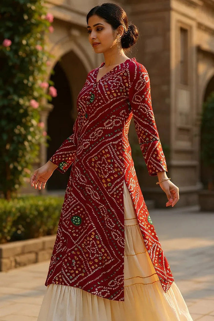 Rayon Blend Red And Beige Bandhani Printed Straight Kurta | SHOBITAM