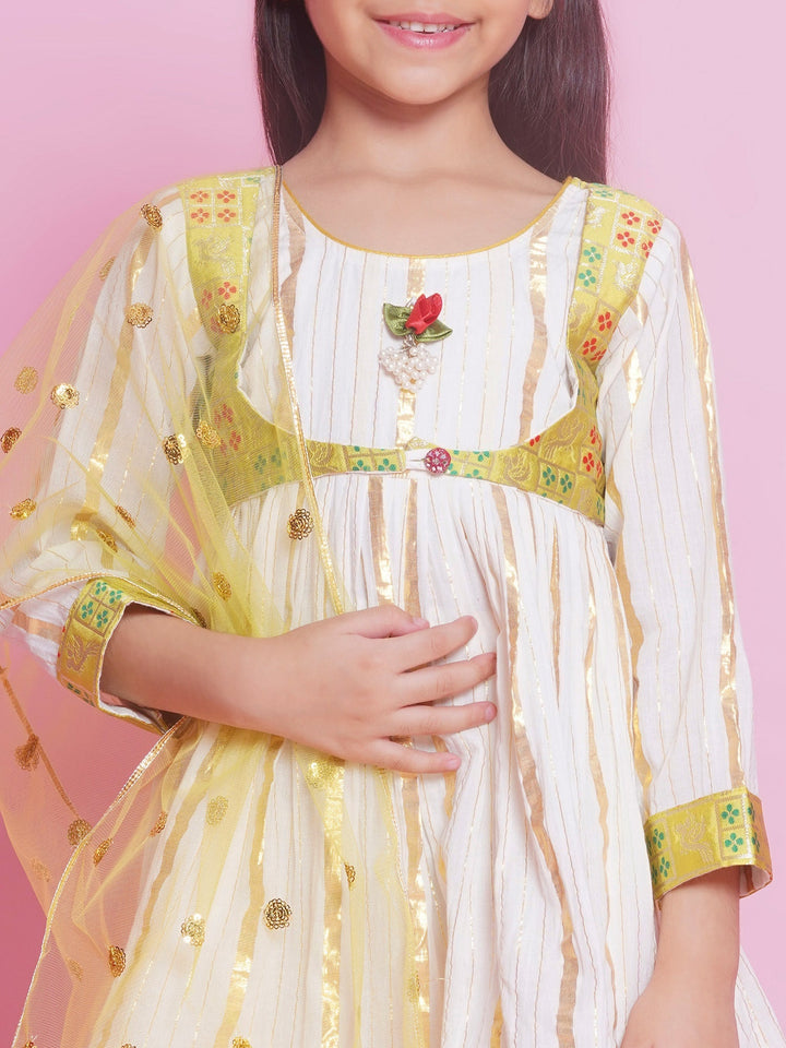 Girls Cotton Bird & Floral Anarkali Sharara Set with Dupatta - Cream | SHOBITAM