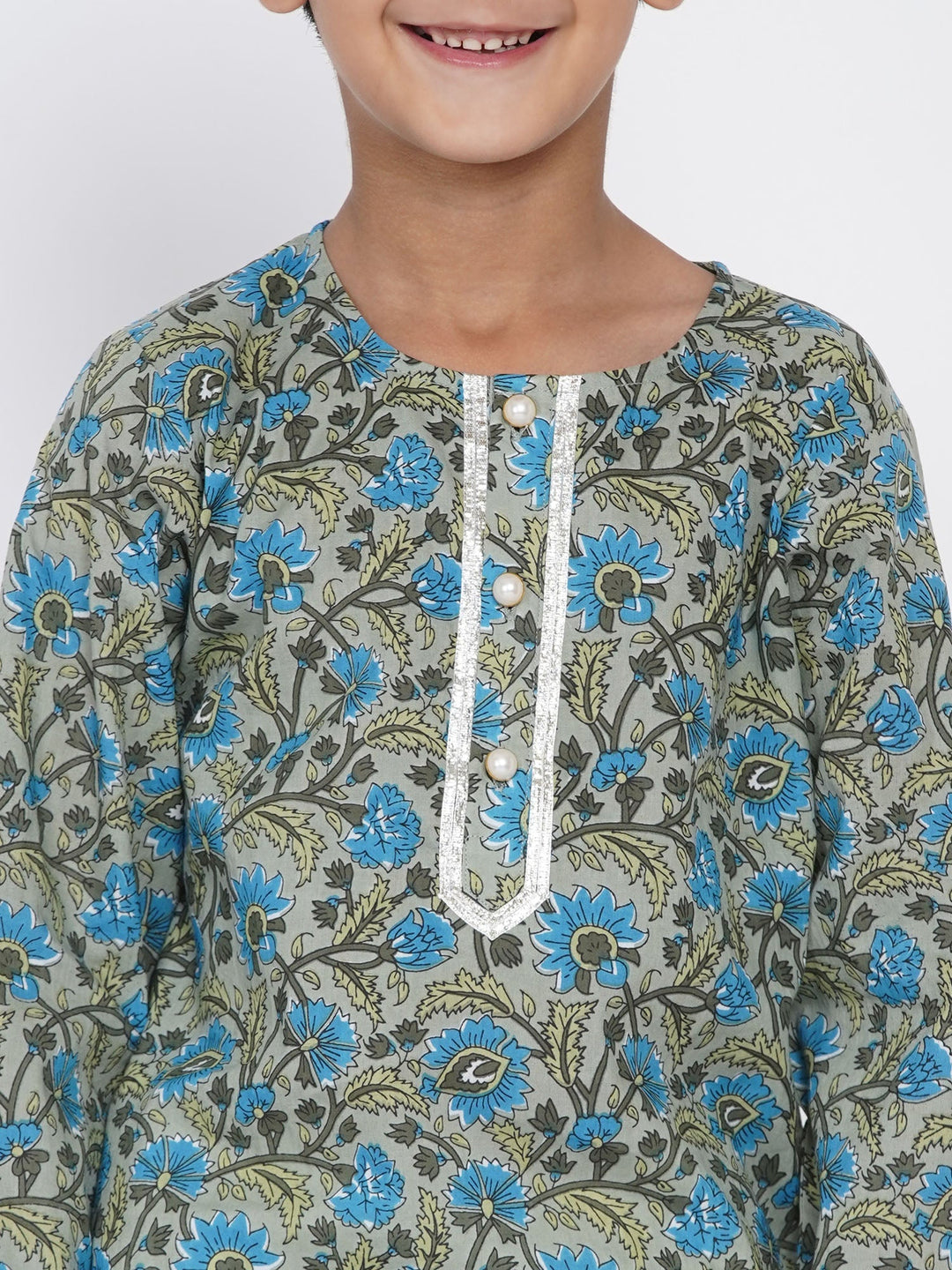 Boys Floral Kurta with Pearl Buttons and Dhoti in Sea Green and Cream  | SHOBITAM