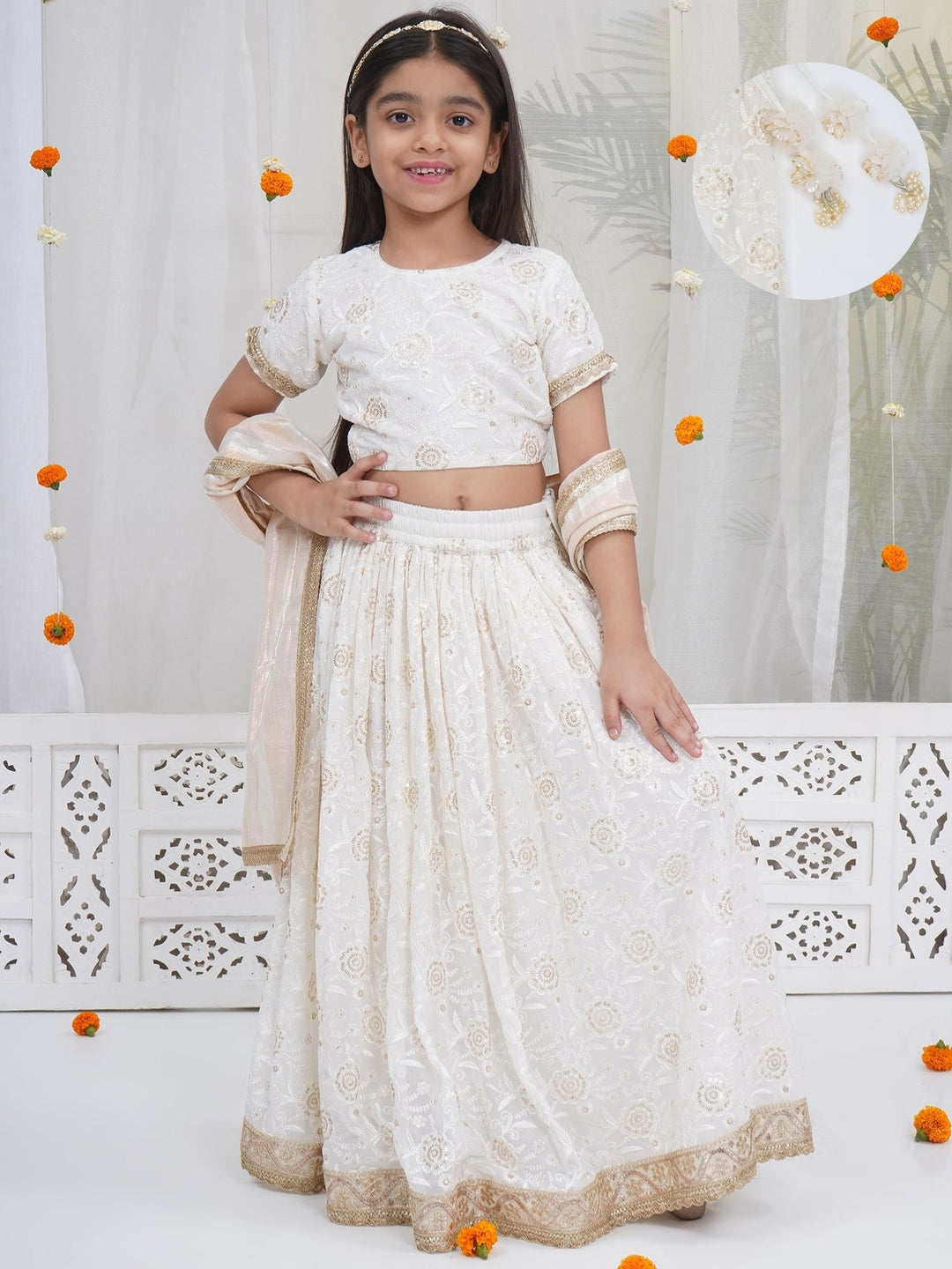 Girls White Floral Embrodiery Royal Lehenga Set | SHOBITAM