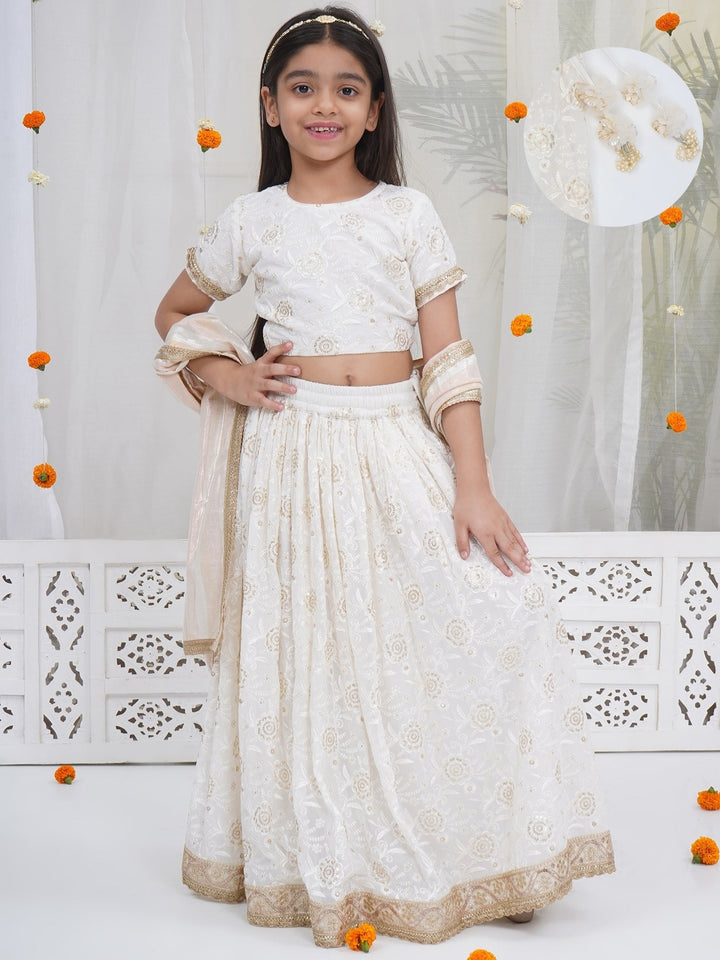 Girls White Floral Embrodiery Royal Lehenga Set | SHOBITAM