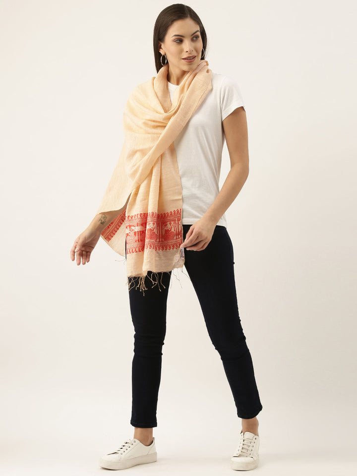 Peach and Orange Nawab Baluchari Silk Cotton Stole | SHOBITAM