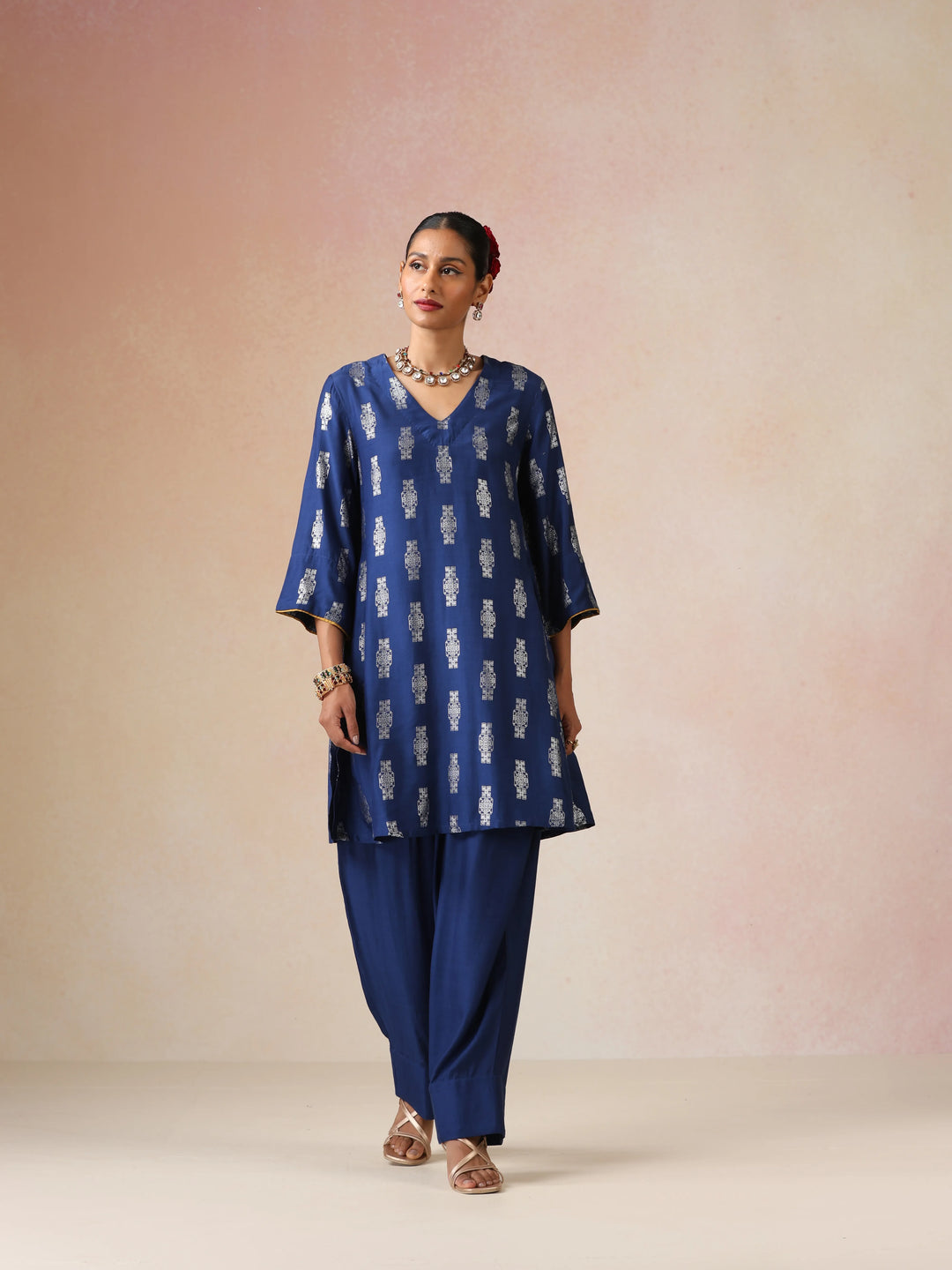 Blue Silver Foil Print Muslin Silk Kurta Farsi Pants Set| SHOBITAM