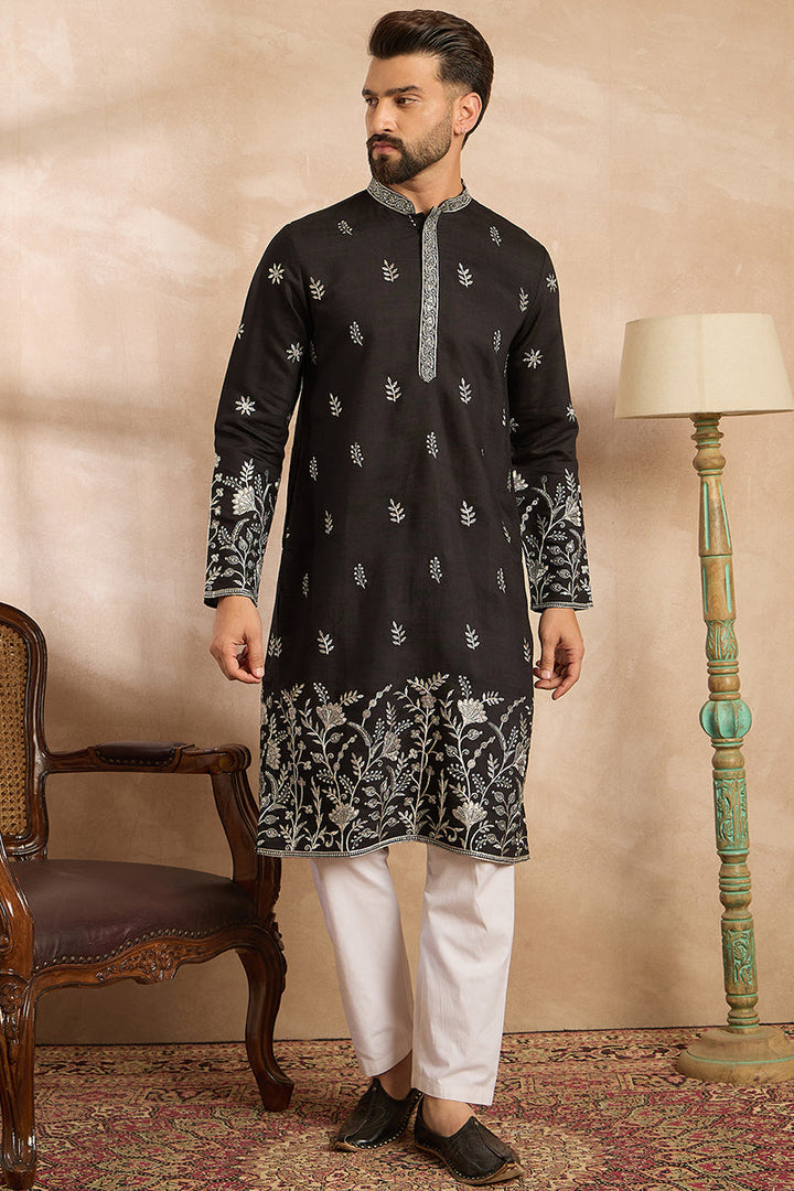 Black Silk Blend Solid Embroidered Straight Kurta | SHOBITAM