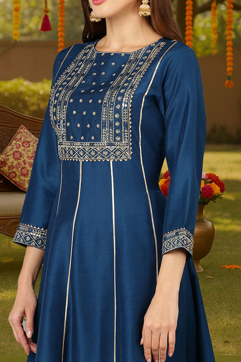 Teal Blue Silk Blend Ethnic Motifs Anarkali Suit Set | SHOBITAM