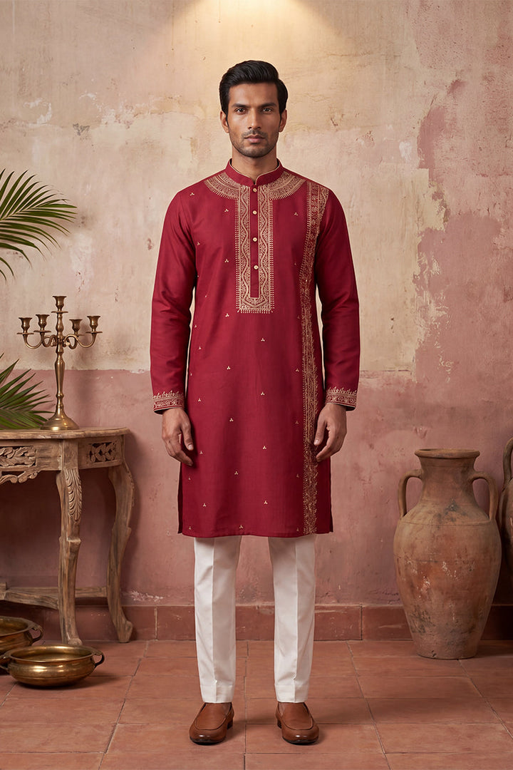 Mens Red Silk Blend Solid Emboidered Straight Kurta With Trouser | SHOBITAM