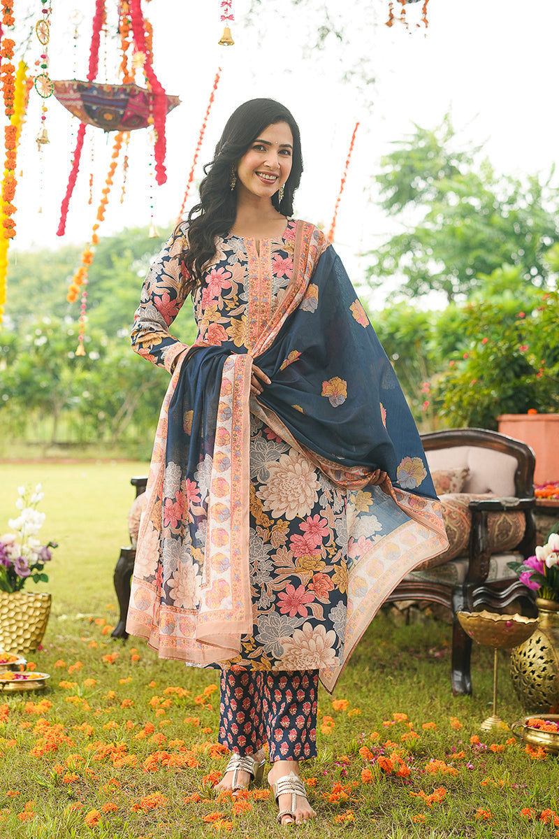 Blue Cotton Blend Floral Printed Straight Kurta Trousers With Dupatta | SHOBITAM