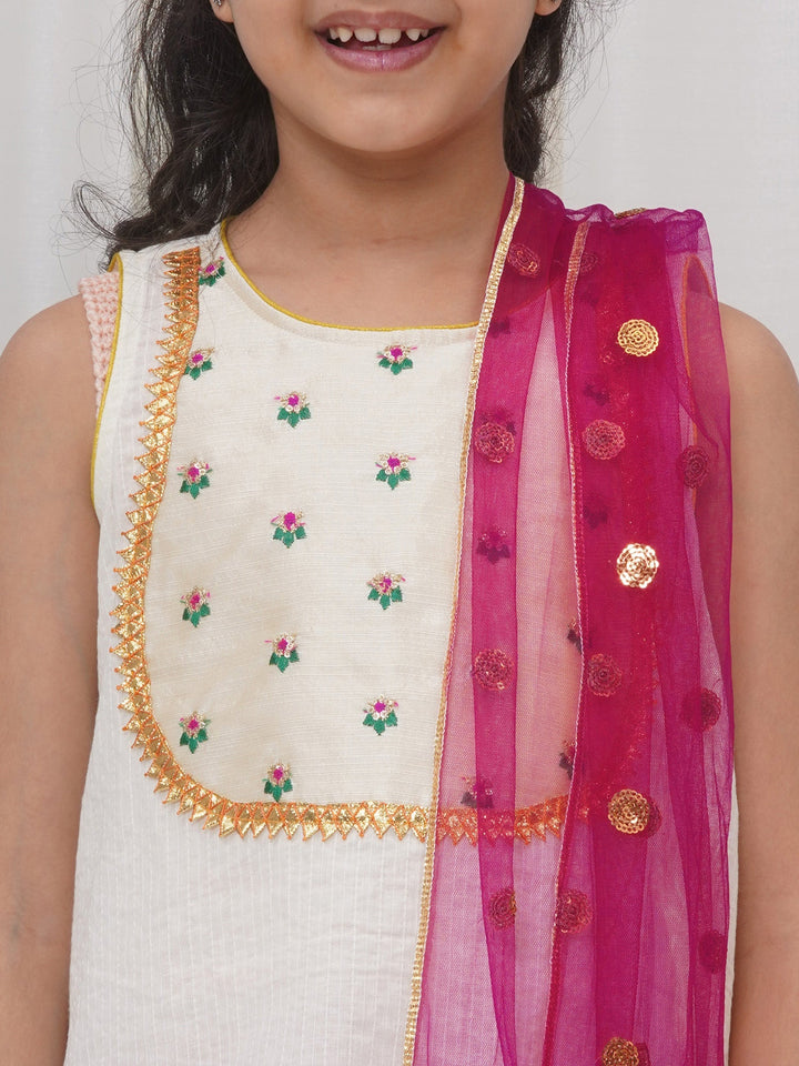 Girls Cotton Sleeveless Kurta with Dhoti Salwar and Dupatta with Floral Embroidery - Cream | SHOBITAM