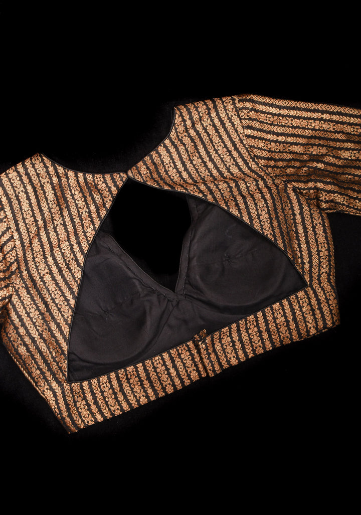 Black Banarasi antique zari blouse with Hand block print cotton detailing and  V neck Front