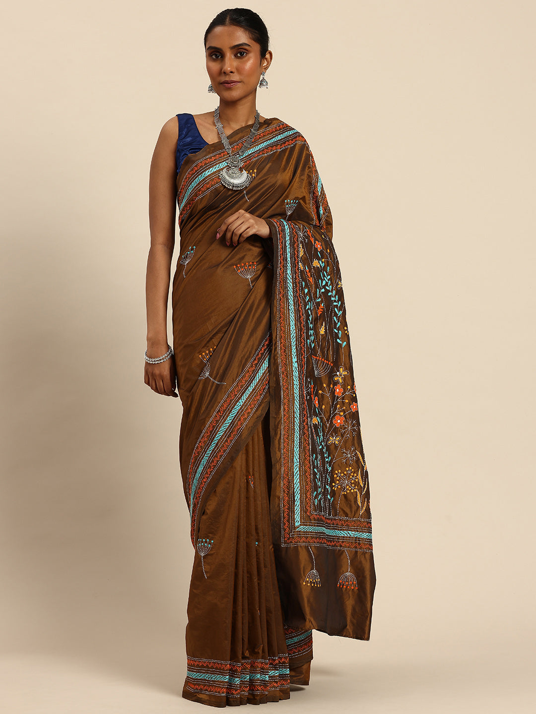 Dark Brown Mocha Art Silk Kantha Stitch Saree with Blouse Piece | SHOBITAM