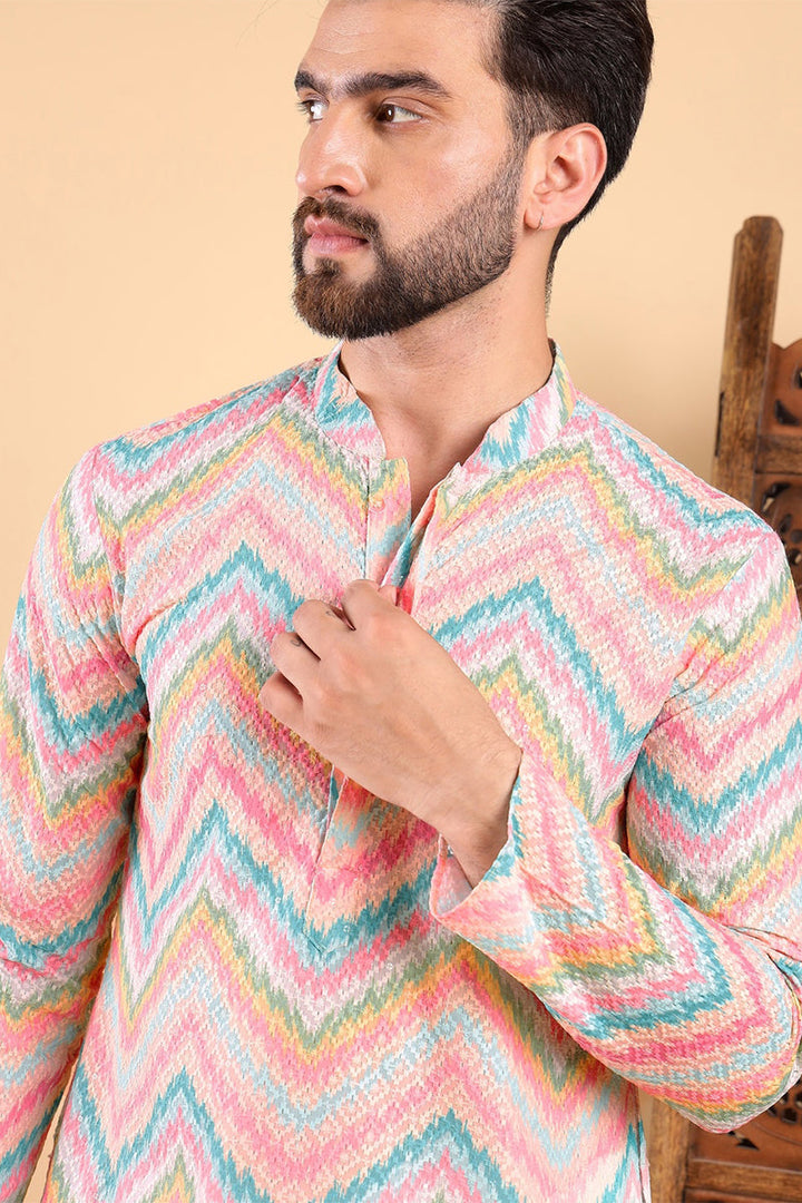 Ethnic Bay Teal Viscose Rayon Chevron Embroidered Straight Kurta For Men | SHOBITAM