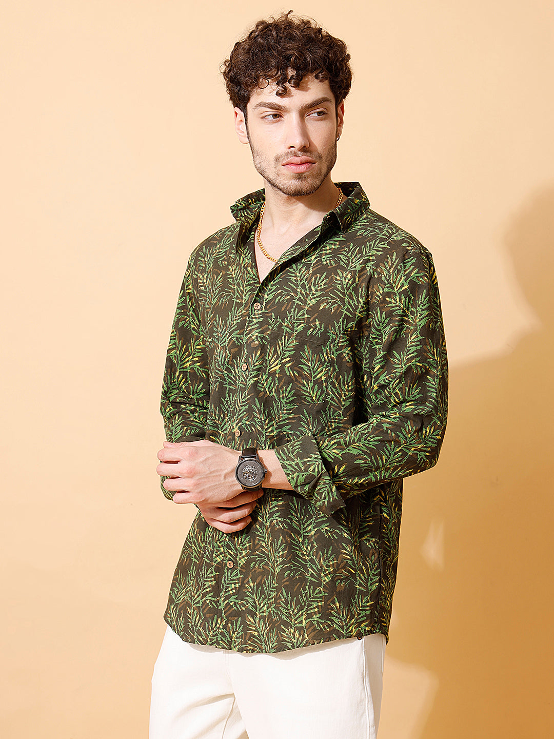 Forest Indigo Ajrakh Full Sleeve Cotton Shirt in Green for Men