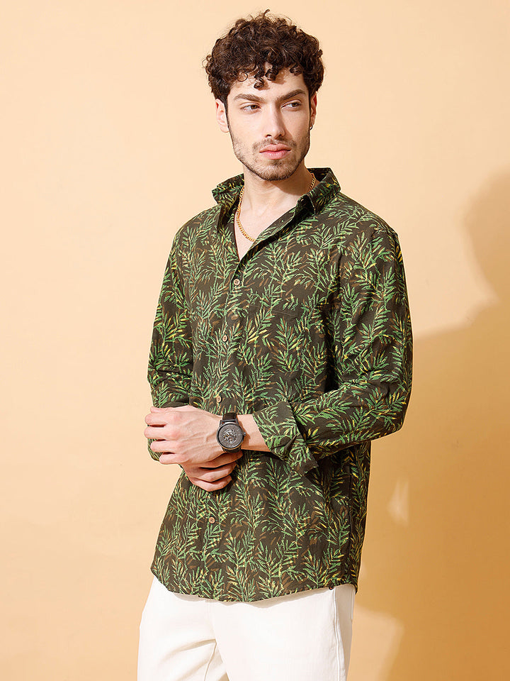 Forest Indigo Ajrakh Full Sleeve Cotton Shirt in Green for Men