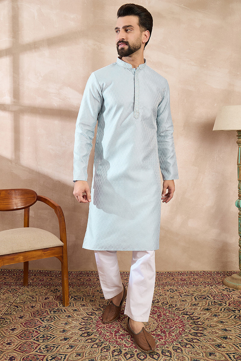 Blue Silk Blend Solid Woven Design Straight Kurta With Trouser | SHOBITAM