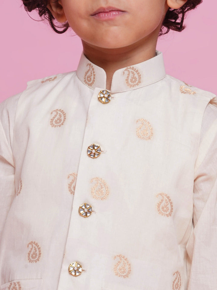 Boys Cotton Full Sleeves Ambi Embrodiery Nehru Jacket with Kurta and Dhoti - Cream | SHOBITAM