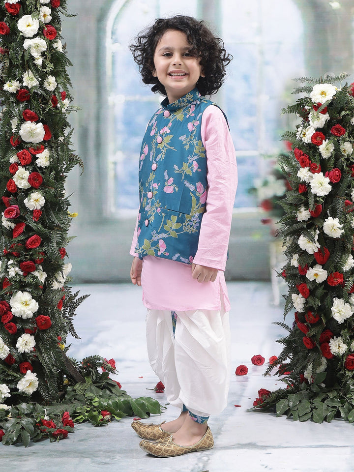 Turquoise Green Floral Nehru Jacket with Cotton Kurta Dhoti Set | SHOBITAM