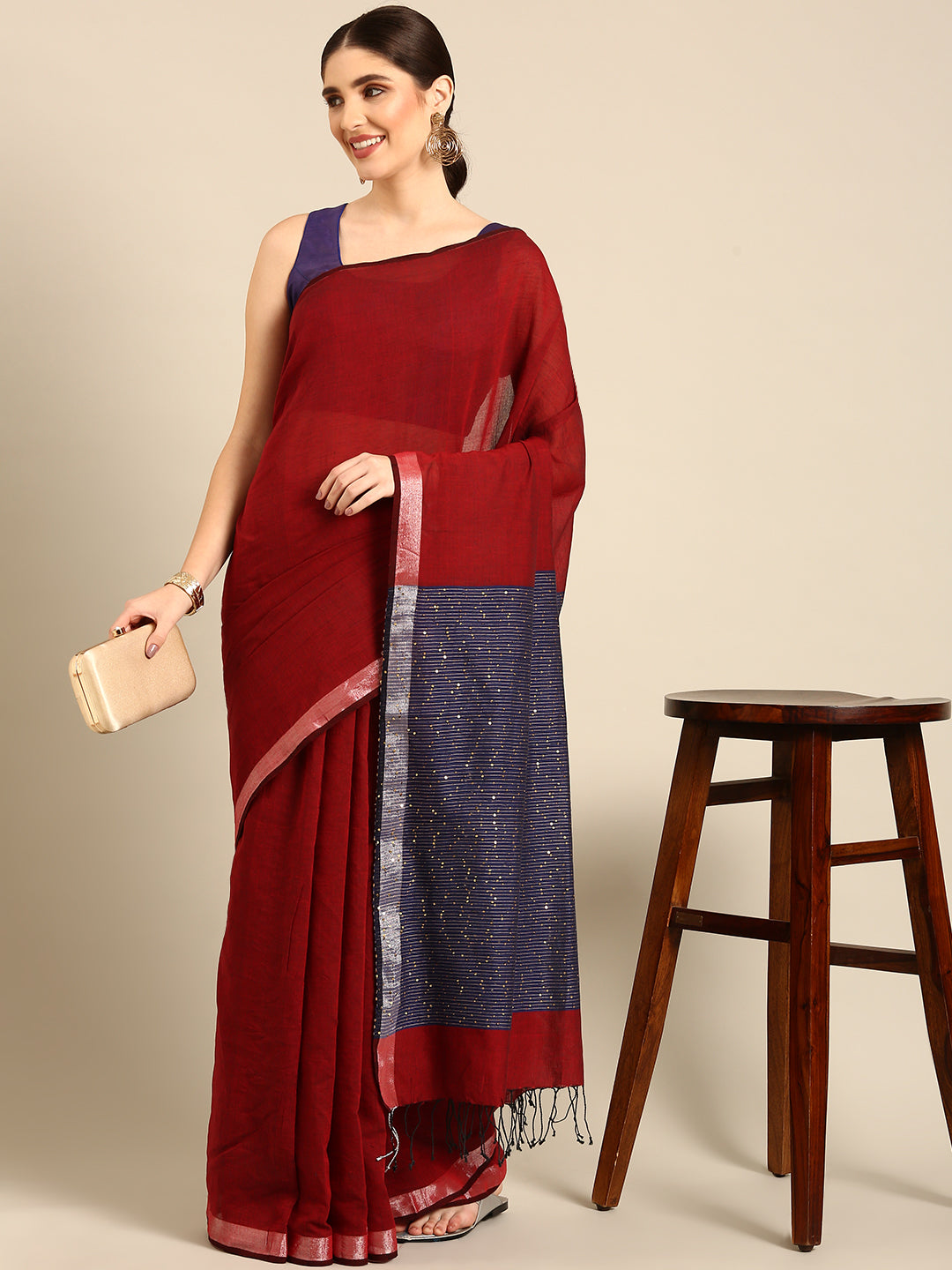 Maroon Navy Sequins Cotton Saree | SHOBITAM