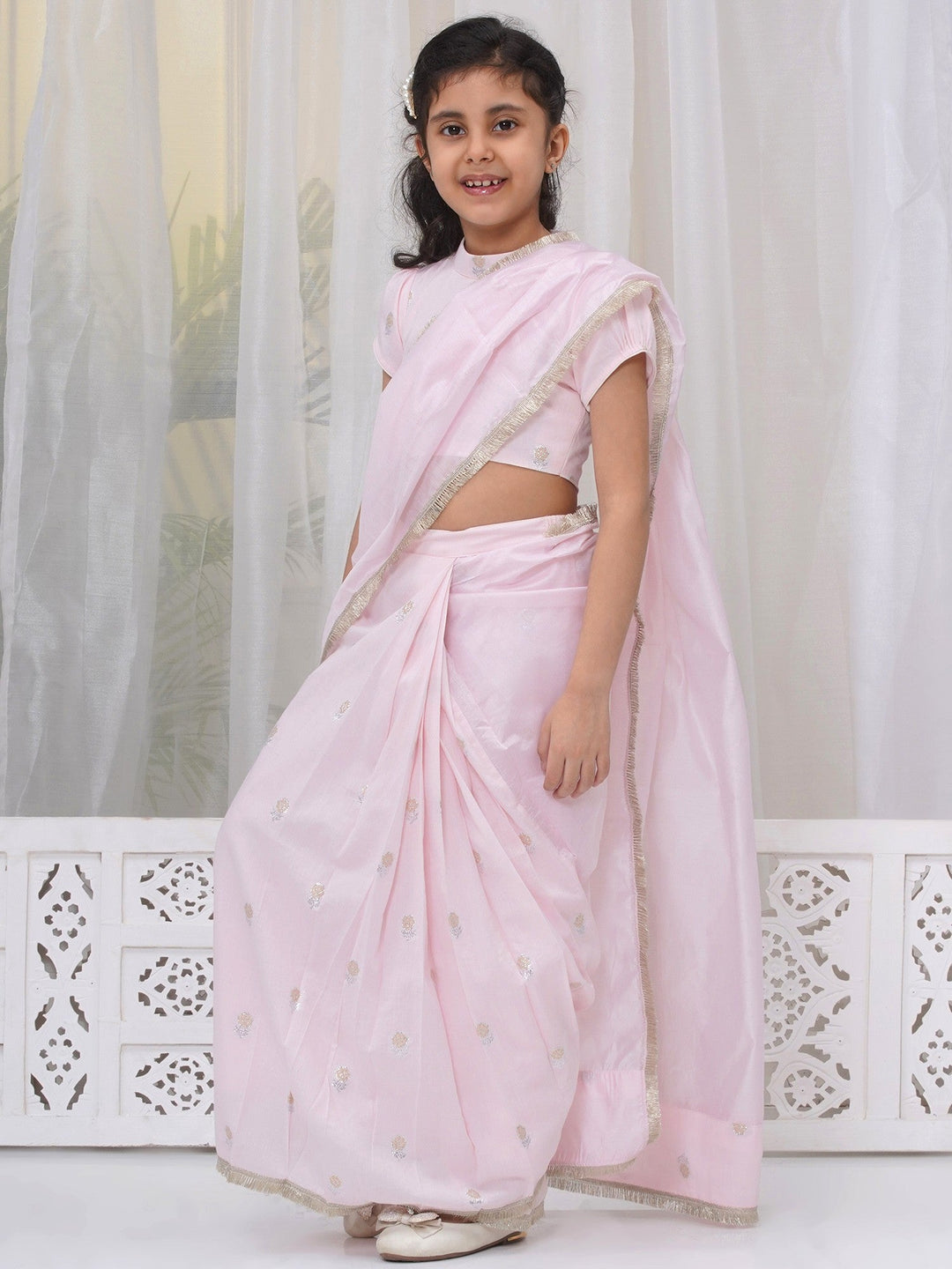 Girls Cotton Puff Sleeves Rose Embroidery Ready to wear Blouse with Ready to wear Chanderi Saree - Pink | SHOBITAM
