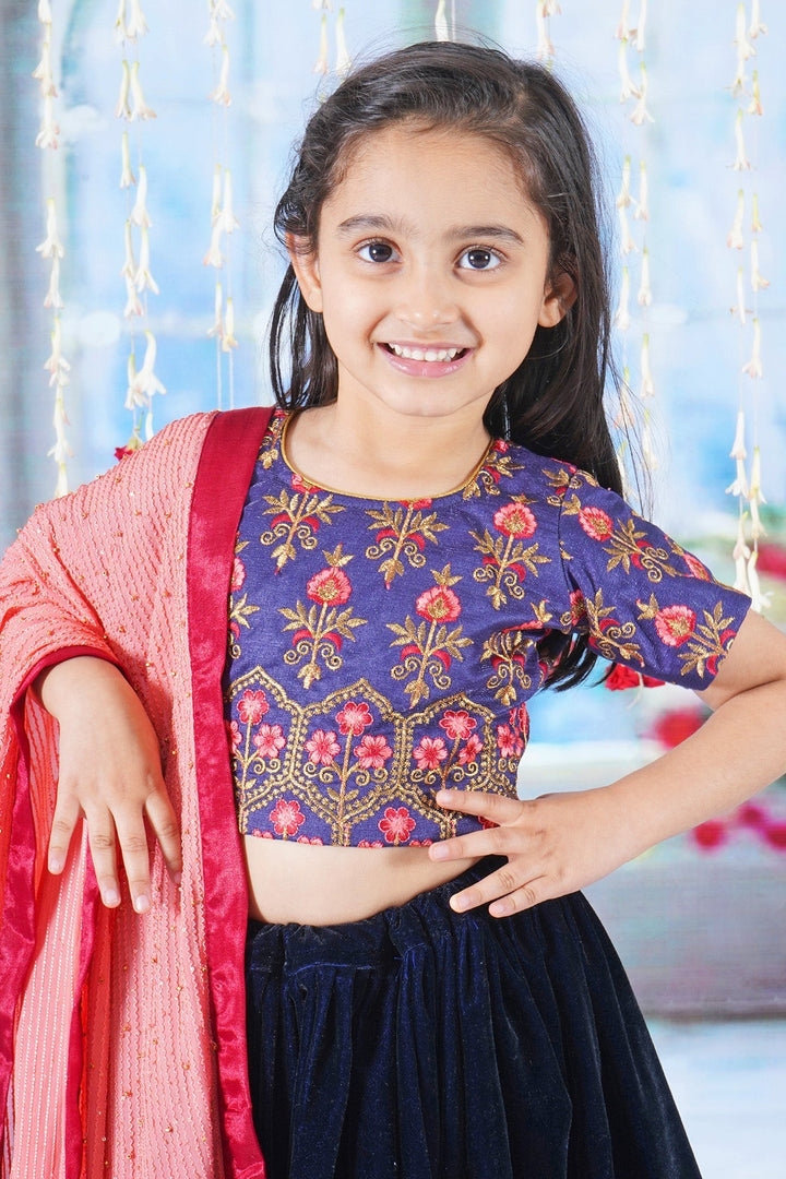 Girl Bageecha Floral Thread work Blouse with Velvet Lehenga and Sequin moti work Dupatta, accompanied with Hand made tassel and Ghungroo work | SHOBITAM