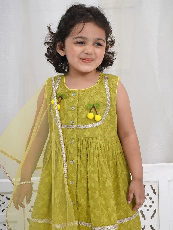 Girls Cotton Sleeveless Floral Self Weaving Kurta with Cherry Applique work and Salwar with Dupatta - Green