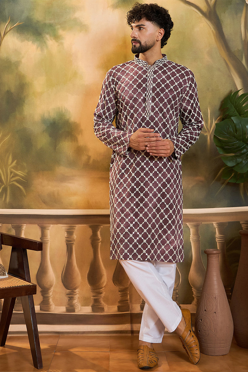 Dusty Purple Silk Blend Embroidered Straight Kurta With Trousers | SHOBITAM